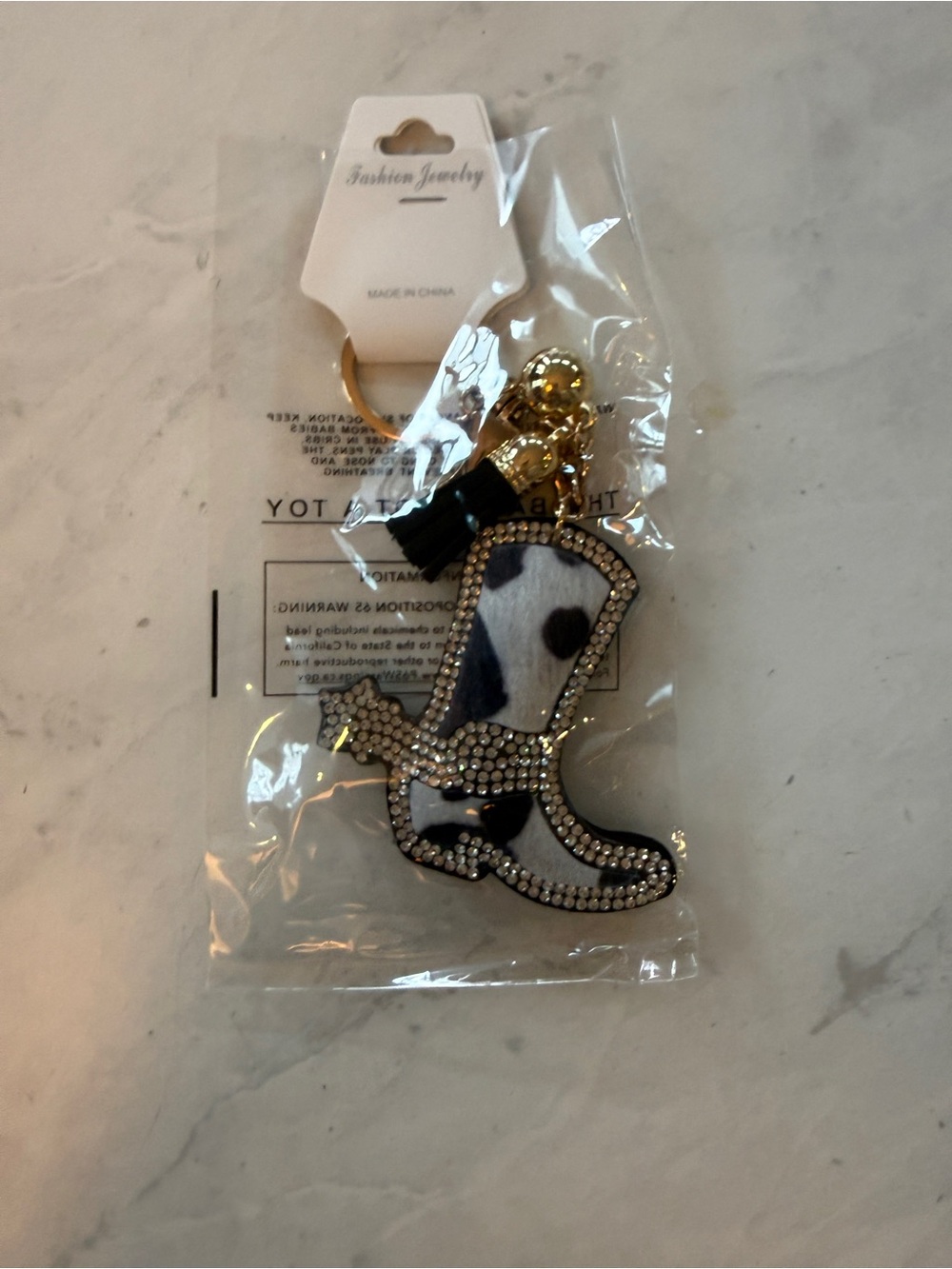 ✨ Giddy Up! Western Rhinestone Black & White Cowhide Cowboy Boot Puffy Keychain - Picture 7 of 7
